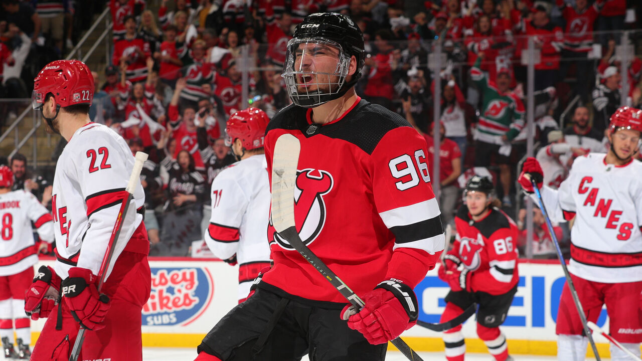 NEWARK, NJ - MAY 01: Timo Meier #96 of the New Jersey Devils celebrates his goal in the first period of Game Three of the Second Round of the 2023 Stanley Cup Playoffs against the Carolina Hurricanes at the Prudential Center on May 7, 2023 in Newark, New Jersey.