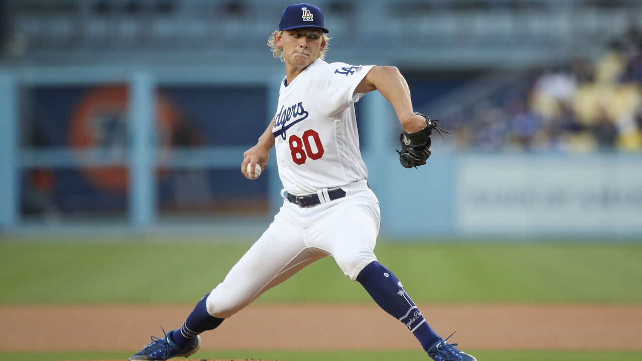 LOS ANGELES, CALIFORNIA - JUNE 16: Emmet Sheehan #80 of the Los Angeles Dodgers makes his debut pitching in the first inning against the San Francisco Giants at Dodger Stadium on June 16, 2023 in Los Angeles, California.