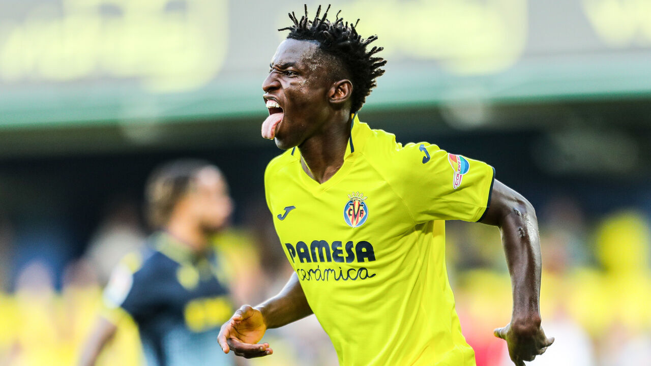 VILLARREAL, SPAIN - MAY 24: Nicolas Jackson of Villarreal celebrates a goal during the Santander League match between Villareal CF and Cadiz CF at the La Ceramica Stadium on May 24, 2023, in Castellon, Spain.