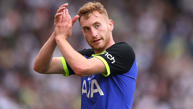 LEEDS, ENGLAND - MAY 28: Spurs player Dejan Kulusevski applauds during the Premier League match between Leeds United and Tottenham Hotspur at Elland Road on May 28, 2023 in Leeds, England.