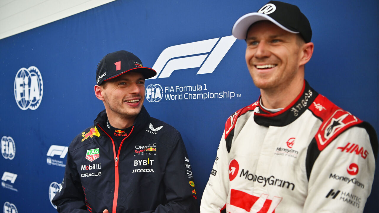 MONTREAL, QUEBEC - JUNE 17: Pole position qualifier Max Verstappen of the Netherlands and Oracle Red Bull Racing talks with Second placed qualifier Nico Hulkenberg of Germany and Haas F1 in parc ferme during qualifying ahead of the F1 Grand Prix of Canada at Circuit Gilles Villeneuve on June 17, 2023 in Montreal, Quebec.
