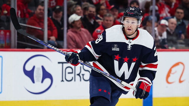 WASHINGTON, DC - OCTOBER 17: Connor Brown #28 of the Washington Capitals in action against the Vancouver Canucks during the first period of the game at Capital One Arena on October 17, 2022 in Washington, DC.