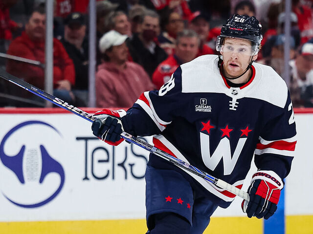 WASHINGTON, DC - OCTOBER 17: Connor Brown #28 of the Washington Capitals in action against the Vancouver Canucks during the first period of the game at Capital One Arena on October 17, 2022 in Washington, DC.