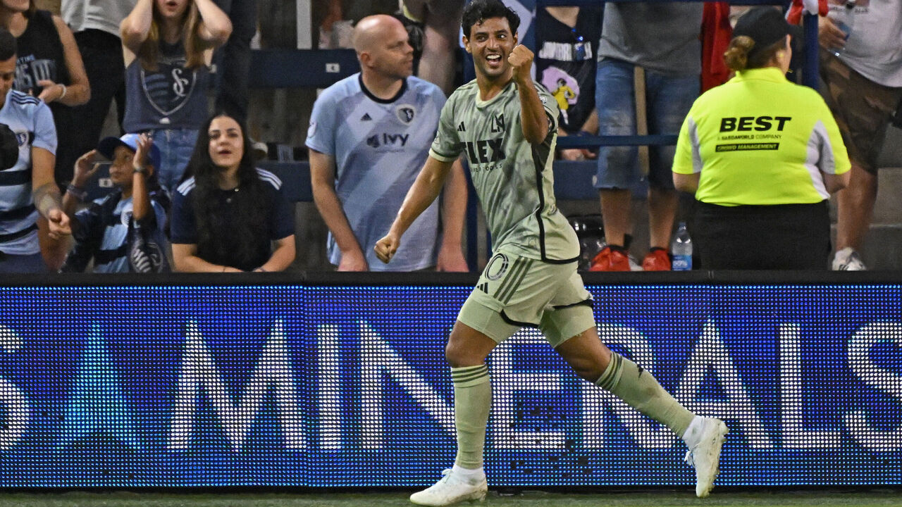 KANSAS CITY, KS - JUNE 17: Carlos Vela #10 of Los Angeles FC reacts after scoring a goal in the second half against Sporting Kansas City on June 17, 2023 at Children's Mercy Park in Kansas City, Kansas.
