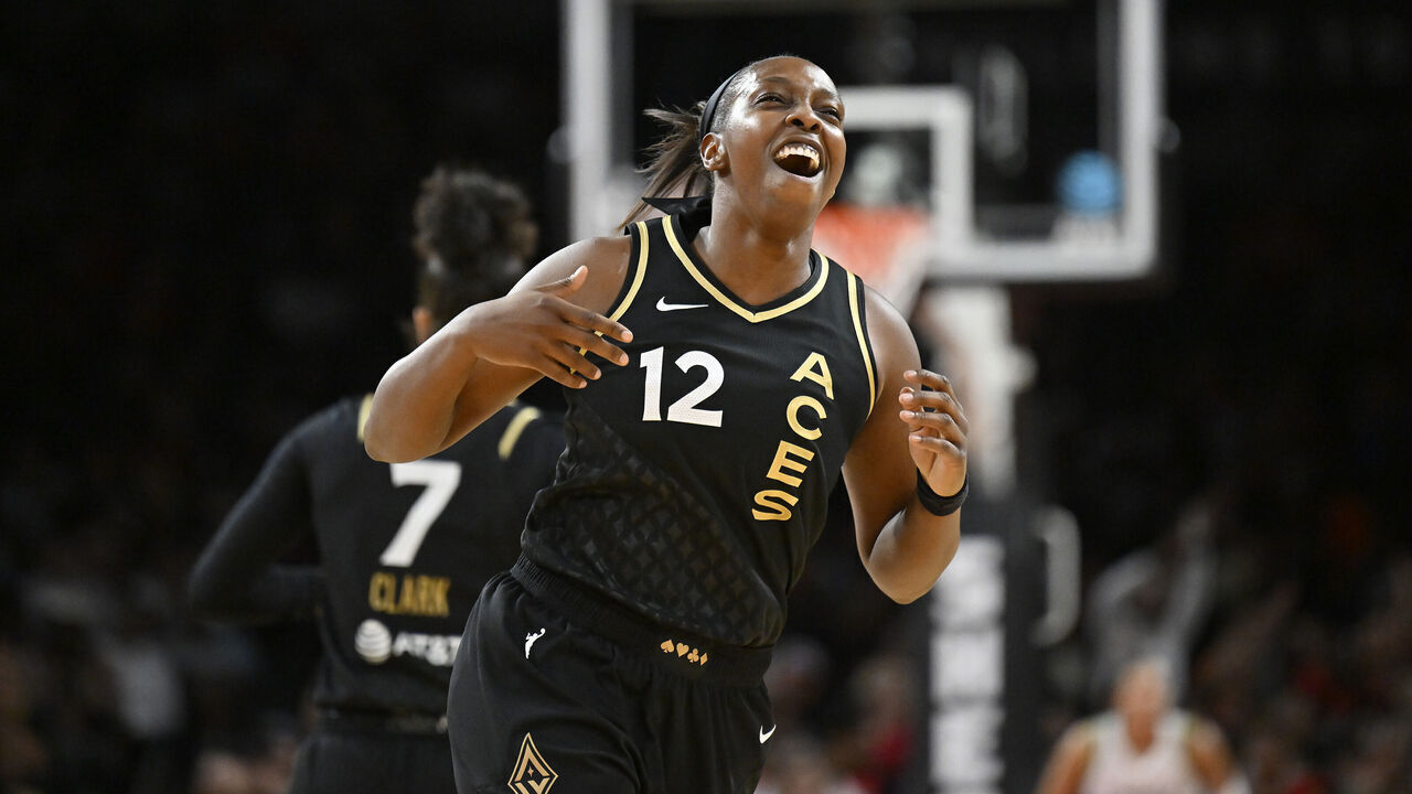 LAS VEGAS, NV - MAY 28: Chelsea Gray #12 of the Las Vegas Aces celebrates during the game against the Minnesota Lynx on May 28, 2023 at Michelob ULTRA Arena in Las Vegas, Nevada. Mandatory Copyright Notice: Copyright 2023 NBAE