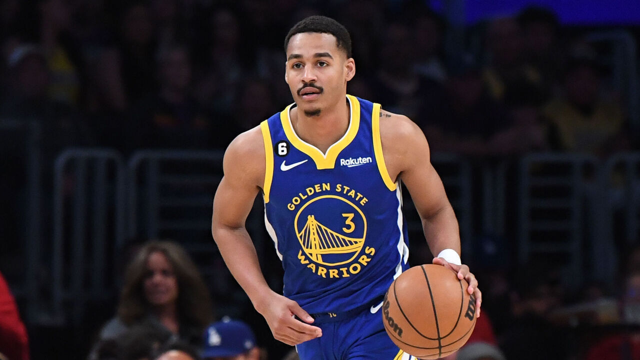 LOS ANGELES, CA - MAY 12: Jordan Poole #3 of the Golden State Warriors dribbles the ball during Game Six of the Western Conference Semi-Finals of the 2023 NBA Playoffs against the Los Angeles Lakers on May 12, 2023 at Crypto.com Arena in Los Angeles, California. NOTE TO USER: User expressly acknowledges and agrees that, by downloading and/or using this Photograph, user is consenting to the terms and conditions of the Getty Images License Agreement. Mandatory Copyright Notice: Copyright 2023 NBAE