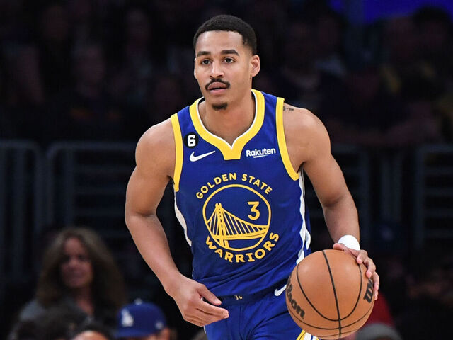 LOS ANGELES, CA - MAY 12: Jordan Poole #3 of the Golden State Warriors dribbles the ball during Game Six of the Western Conference Semi-Finals of the 2023 NBA Playoffs against the Los Angeles Lakers on May 12, 2023 at Crypto.com Arena in Los Angeles, California. NOTE TO USER: User expressly acknowledges and agrees that, by downloading and/or using this Photograph, user is consenting to the terms and conditions of the Getty Images License Agreement. Mandatory Copyright Notice: Copyright 2023 NBAE