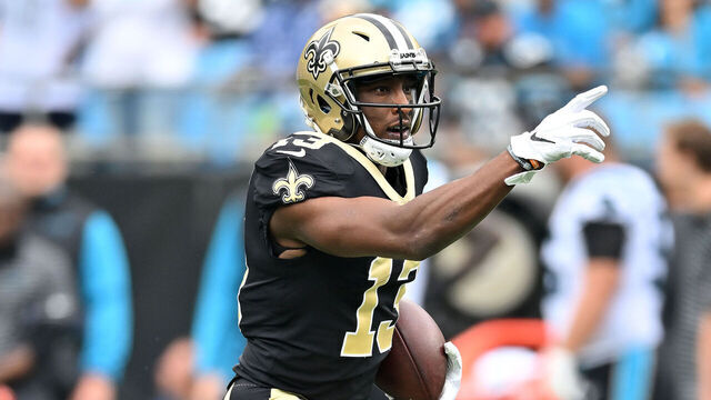 CHARLOTTE, NORTH CAROLINA - SEPTEMBER 25: Michael Thomas #13 of the New Orleans Saints reacts after making a catch for a first down against the Carolina Panthers during the first quarter at Bank of America Stadium on September 25, 2022 in Charlotte, North Carolina.