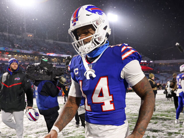 ORCHARD PARK, NEW YORK - JANUARY 22: Stefon Diggs #14 of the Buffalo Bills walks off the field after losing to the Cincinnati Bengals in the AFC Divisional Playoff game at Highmark Stadium on January 22, 2023 in Orchard Park, New York.