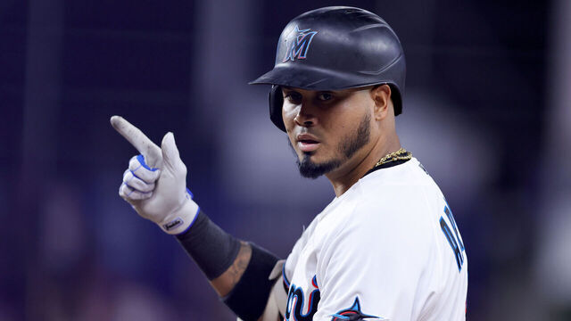 MIAMI, FLORIDA - JUNE 19: Luis Arraez #3 of the Miami Marlins reacts after hitting a single against the Toronto Blue Jays during the seventh inning at loanDepot park on June 19, 2023 in Miami, Florida.
