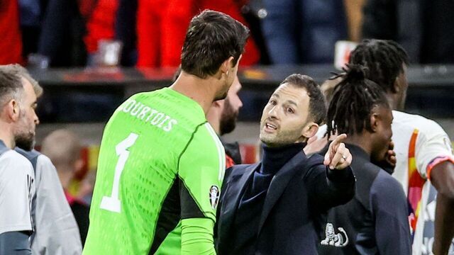 Belgium's goalkeeper Thibaut Courtois and Belgium's head coach Domenico Tedesco pictured during a soccer game between the Swedish national team and Belgium's Red Devils, at the Friends Arena, in Solna, Sweden, Friday 24 March 2023, the first (out of 8) Euro 2024 qualification match. BELGA PHOTO VIRGINIE LEFOUR