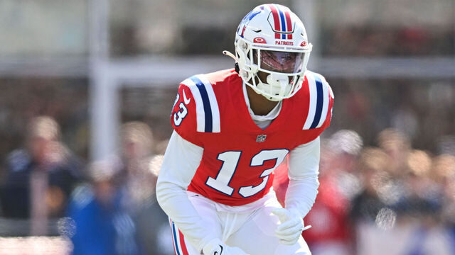 FOXBOROUGH, MA - OCTOBER 9, 2022: Jack Jones #13 of the New England Patriots lines up before the snap during the game against the Detroit Lions at Gillette Stadium on October 9, 2022 in Foxborough, Massachusetts.