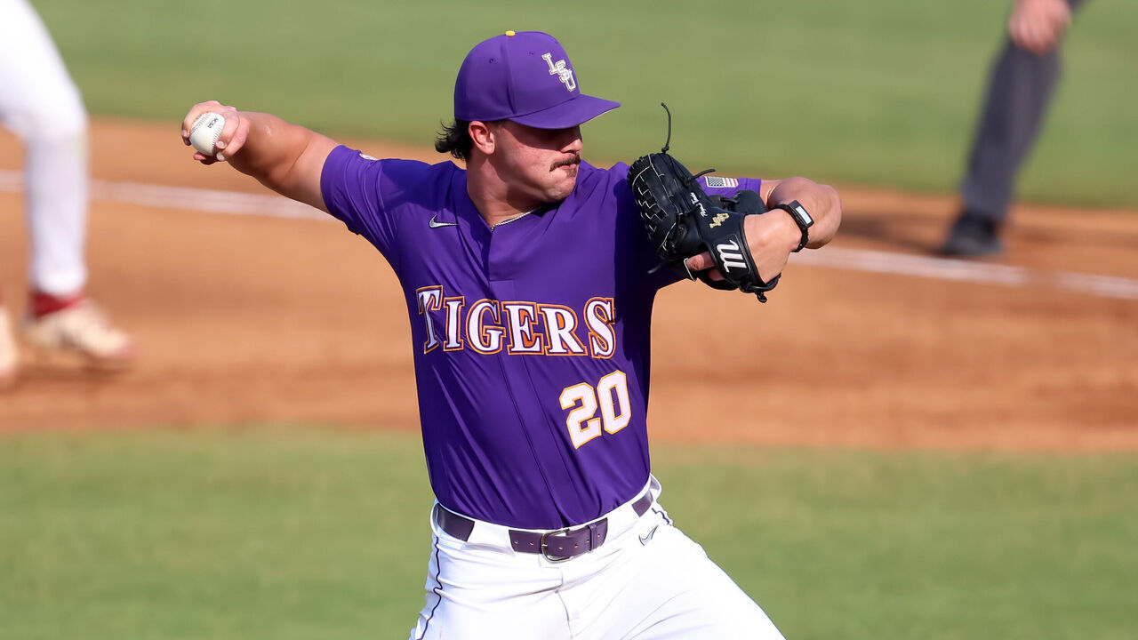 HOOVER, AL - MAY 25: LSU Tigers pitcher Paul Skenes (20) during the 2023 SEC Baseball Tournament game between the Arkansas Razorbacks and the LSU Tigers on May 25, 2023 at Hoover Metropolitan Stadium in Hoover, Alabama.