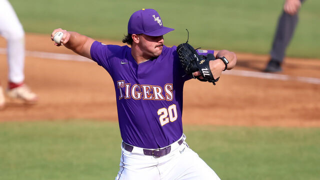 HOOVER, AL - MAY 25: LSU Tigers pitcher Paul Skenes (20) during the 2023 SEC Baseball Tournament game between the Arkansas Razorbacks and the LSU Tigers on May 25, 2023 at Hoover Metropolitan Stadium in Hoover, Alabama.