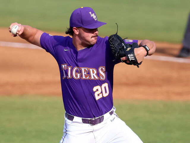 HOOVER, AL - MAY 25: LSU Tigers pitcher Paul Skenes (20) during the 2023 SEC Baseball Tournament game between the Arkansas Razorbacks and the LSU Tigers on May 25, 2023 at Hoover Metropolitan Stadium in Hoover, Alabama.