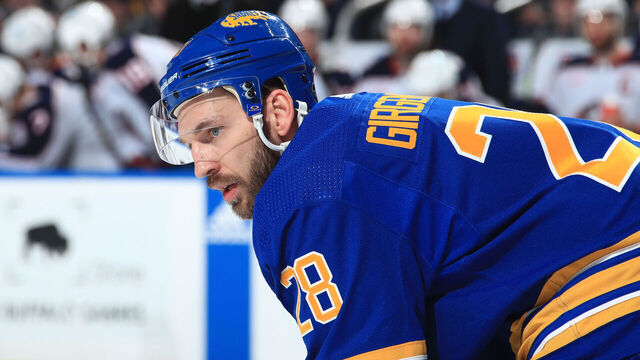 BUFFALO, NY - FEBRUARY 28: Zemgus Girgensons #28 of the Buffalo Sabres prepares for a faceoff during an NHL game against the Columbus Blue Jackets on February 28, 2023 at KeyBank Center in Buffalo, New York.