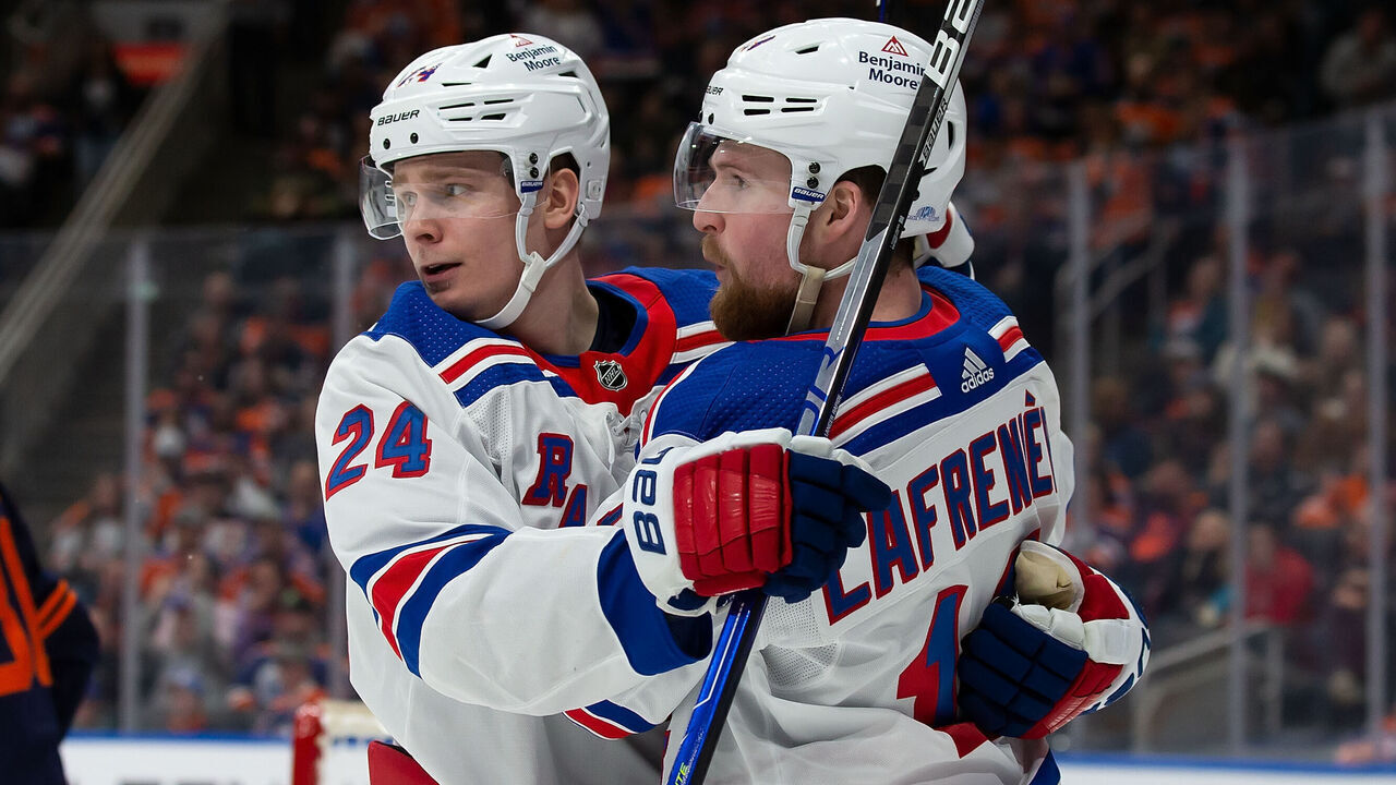 EDMONTON, AB - FEBRUARY 17: Kaapo Kakko #24 and Alexis Lafreniere #13 of the New York Rangers celebrate Lafreniere's goal against the Edmonton Oilers during the third period at Rogers Place on February 17, 2023 in Edmonton, Canada.