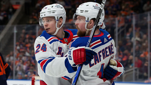 EDMONTON, AB - FEBRUARY 17: Kaapo Kakko #24 and Alexis Lafreniere #13 of the New York Rangers celebrate Lafreniere's goal against the Edmonton Oilers during the third period at Rogers Place on February 17, 2023 in Edmonton, Canada.