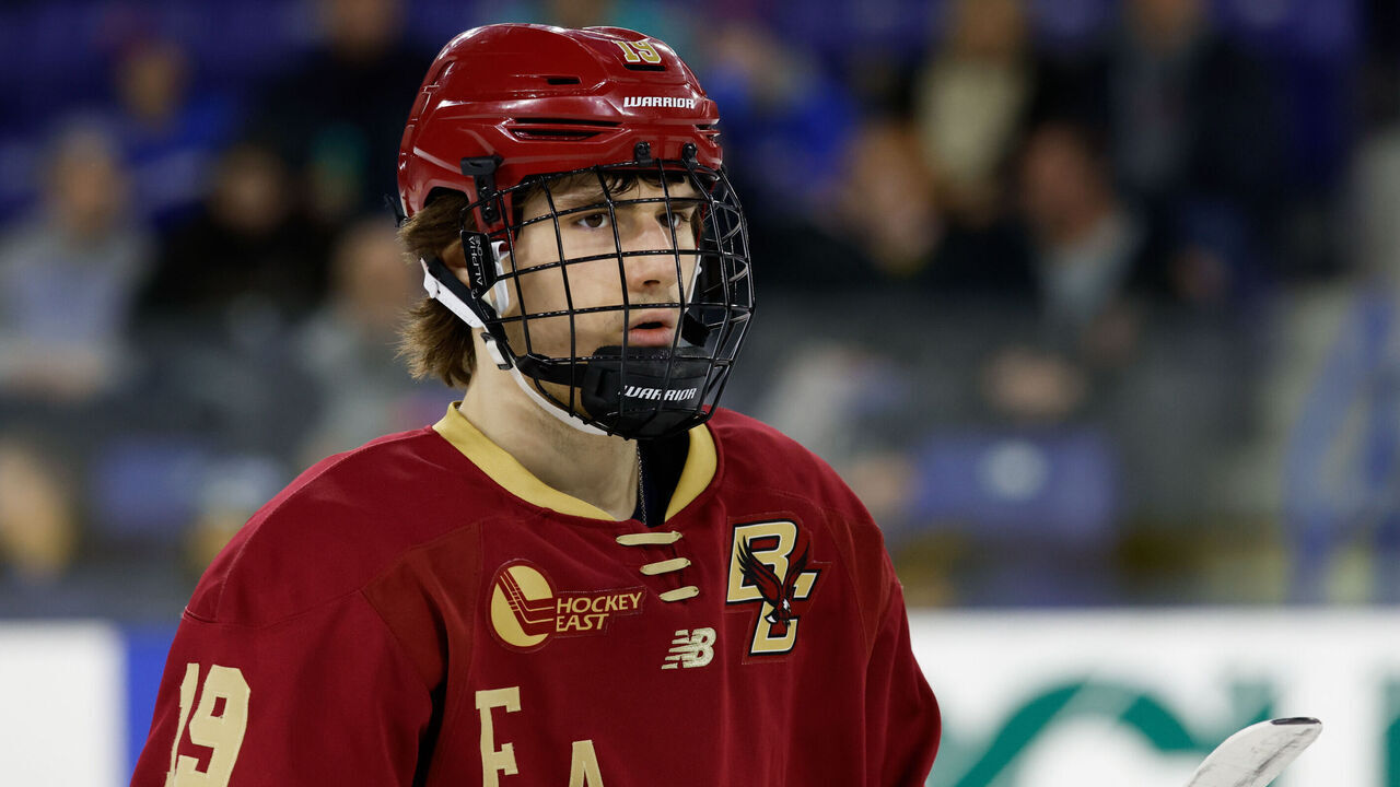 LOWELL, MA - FEBRUARY 3: Cutter Gauthier #19 of the Boston College Eagles skates against the UMass Lowell River Hawks during NCAA men's hockey at the Tsongas Center on February 3, 2023 in Lowell, Massachusetts. The game ended in a 2-2 tie with the River Hawks winning the extra point in a shootout.
