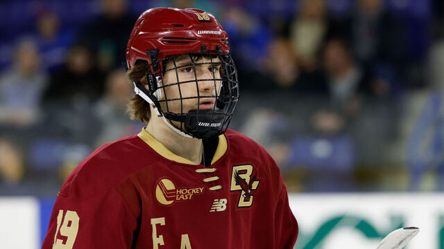LOWELL, MA - FEBRUARY 3: Cutter Gauthier #19 of the Boston College Eagles skates against the UMass Lowell River Hawks during NCAA men's hockey at the Tsongas Center on February 3, 2023 in Lowell, Massachusetts. The game ended in a 2-2 tie with the River Hawks winning the extra point in a shootout.