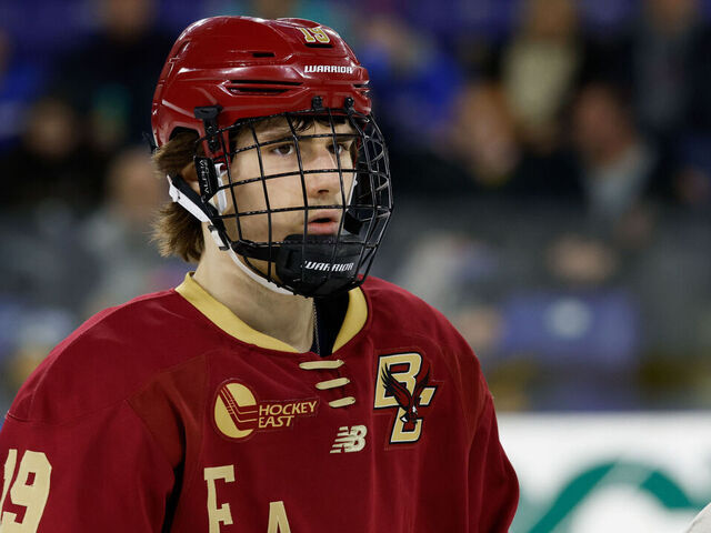 LOWELL, MA - FEBRUARY 3: Cutter Gauthier #19 of the Boston College Eagles skates against the UMass Lowell River Hawks during NCAA men's hockey at the Tsongas Center on February 3, 2023 in Lowell, Massachusetts. The game ended in a 2-2 tie with the River Hawks winning the extra point in a shootout.
