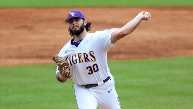HOOVER, AL - MAY 24: LSU Tigers pitcher Nate Ackenhausen (30) during the 2023 SEC Baseball Tournament game between the South Carolina Gamecocks and the LSU Tigers on May 24, 2023 at Hoover Metropolitan Stadium in Hoover, Alabama.