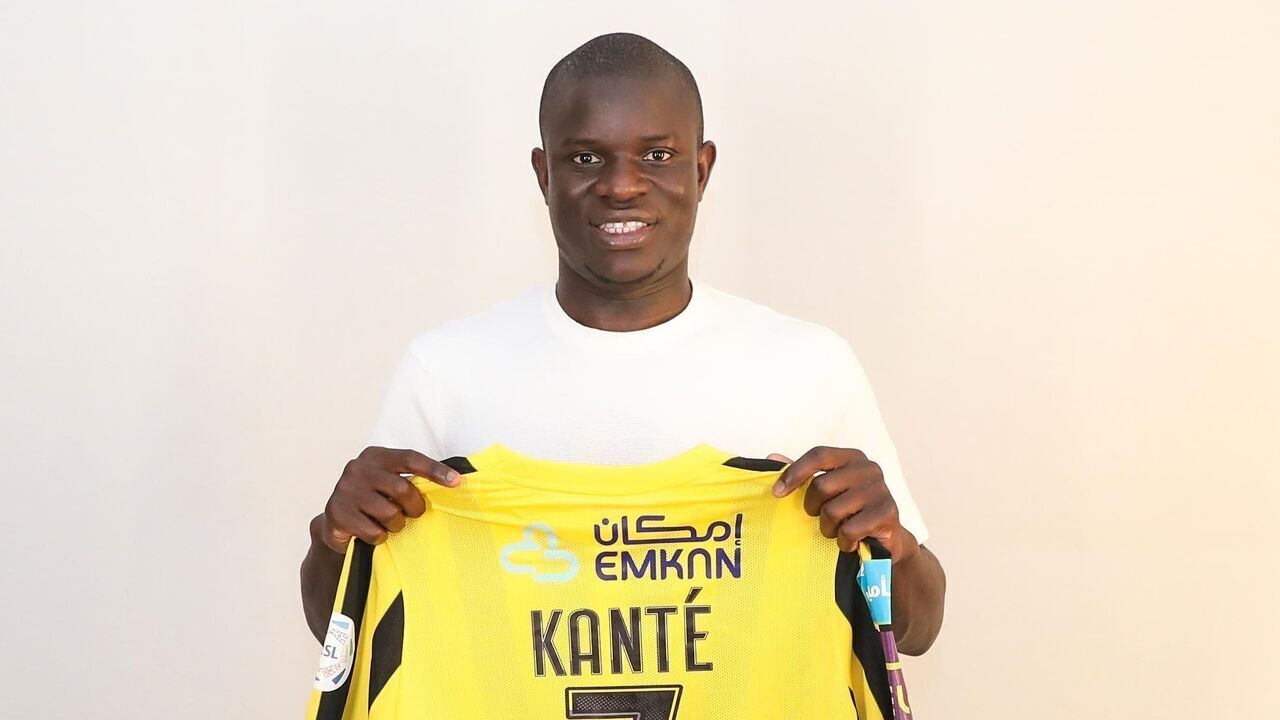 JEDDAH, SAUDI ARABIA- JUNE 21: (----EDITORIAL USE ONLY â" MANDATORY CREDIT - "AL ITTIHAD FOOTBALL CLUB / HANDOUT" - NO MARKETING NO ADVERTISING CAMPAIGNS - DISTRIBUTED AS A SERVICE TO CLIENTS----) 32 year-old midfielder Kante holds a jersey of Al-Ittihad, a Saudi Arabian soccer team in Jeddah, Saudi Arabia on June 21, 2023. Kante leaves Chelsea and signed contract with Al-Ittihad.