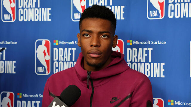 CHICAGO, ILLINOIS - MAY 17: Brandon Miller speaks with the media during the NBA Draft Combine at the Wintrust Arena on May 17, 2023 in Chicago, Illinois.