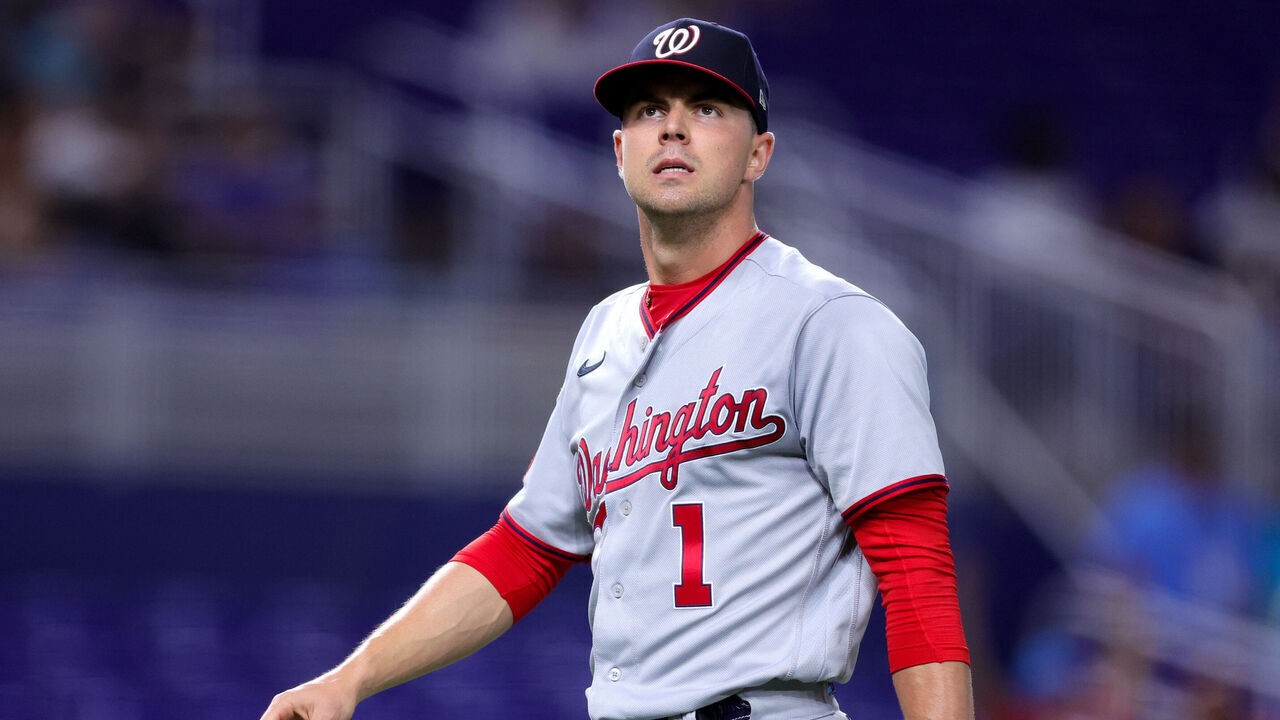 MIAMI, FLORIDA - MAY 17: MacKenzie Gore #1 of the Washington Nationals looks on against the Miami Marlins during the fourth inning at loanDepot park on May 17, 2023 in Miami, Florida.