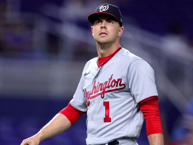 MIAMI, FLORIDA - MAY 17: MacKenzie Gore #1 of the Washington Nationals looks on against the Miami Marlins during the fourth inning at loanDepot park on May 17, 2023 in Miami, Florida.
