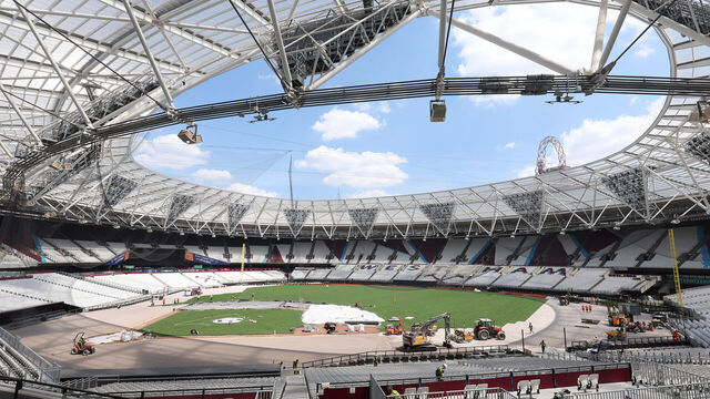 LONDON, ENGLAND - JUNE 15: Preparations are made ahead of the MLB World Tour: London Series 2023 between St. Louis Cardinals and Chicago Cubs, taking place on June 24-25, at London Stadium on June 15, 2023 in London, England.