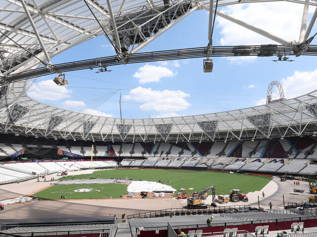 LONDON, ENGLAND - JUNE 15: Preparations are made ahead of the MLB World Tour: London Series 2023 between St. Louis Cardinals and Chicago Cubs, taking place on June 24-25, at London Stadium on June 15, 2023 in London, England.