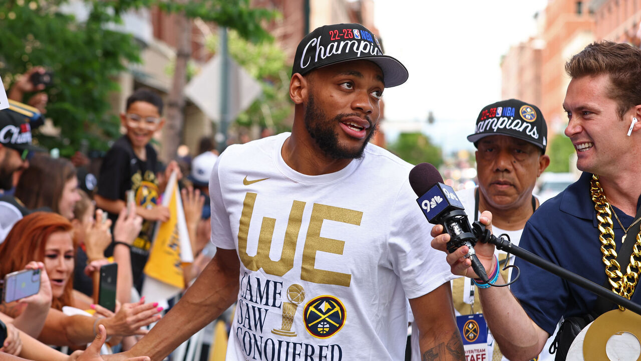 DENVER, CO - JUNE 15: Bruce Brown #11 of the Denver Nuggets celebrates during the 2023 Denver Nuggets Championship Parade on June 15, 2023 in Denver, Colorado. NOTE TO USER: User expressly acknowledges and agrees that, by downloading and/or using this Photograph, user is consenting to the terms and conditions of the Getty Images License Agreement. Mandatory Copyright Notice: Copyright 2023 NBAE