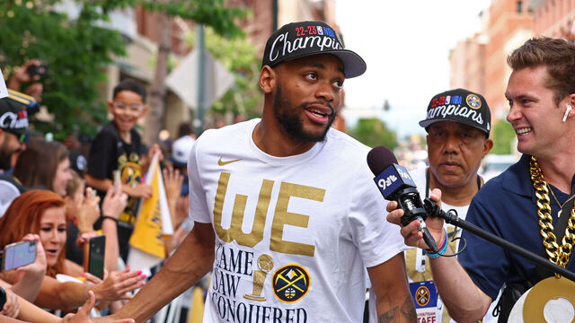 DENVER, CO - JUNE 15: Bruce Brown #11 of the Denver Nuggets celebrates during the 2023 Denver Nuggets Championship Parade on June 15, 2023 in Denver, Colorado. NOTE TO USER: User expressly acknowledges and agrees that, by downloading and/or using this Photograph, user is consenting to the terms and conditions of the Getty Images License Agreement. Mandatory Copyright Notice: Copyright 2023 NBAE
