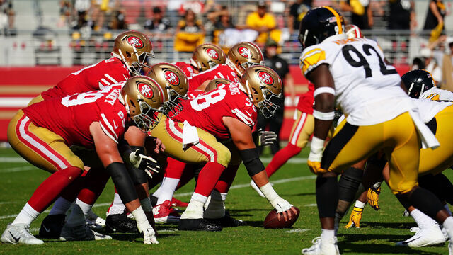 SANTA CLARA, CALIFORNIA - SEPTEMBER 22: The San Francisco 49ers line up against the Pittsburgh Steelers at Levi's Stadium on September 22, 2019 in Santa Clara, California.