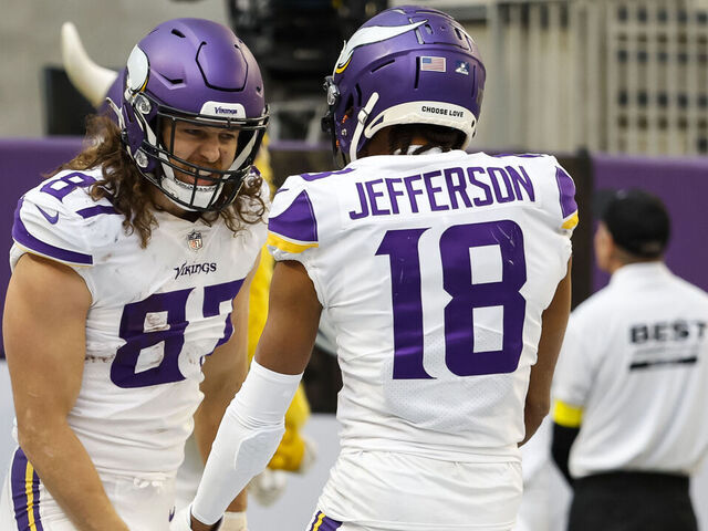 MINNEAPOLIS, MN - DECEMBER 24: T.J. Hockenson #87 of the Minnesota Vikings celebrates his touchdown against the New York Giants with teammate Justin Jefferson #18 in the first quarter of the game at U.S. Bank Stadium on December 24, 2022 in Minneapolis, Minnesota. The Vikings defeated the Giants 27-24.