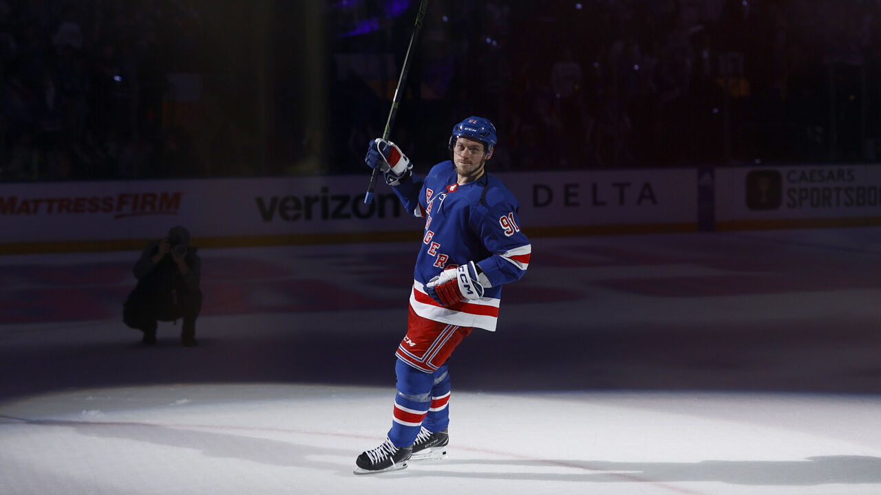 NEW YORK, NEW YORK - APRIL 29: Vladimir Tarasenko #91 celebrates after the New York Rangers defeat the New Jersey Devils 5-2 in Game Six of the First Round of the 2023 Stanley Cup Playoffs at Madison Square Garden on April 29, 2023 in New York, New York.
