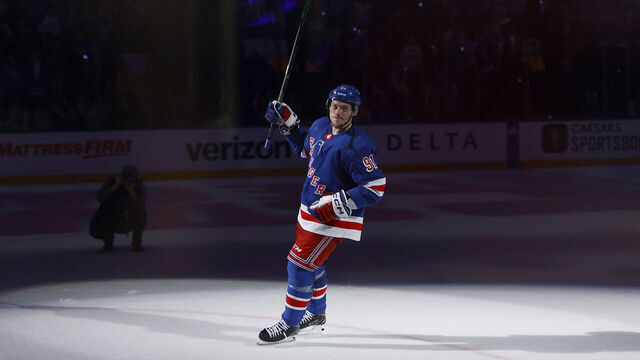 NEW YORK, NEW YORK - APRIL 29: Vladimir Tarasenko #91 celebrates after the New York Rangers defeat the New Jersey Devils 5-2 in Game Six of the First Round of the 2023 Stanley Cup Playoffs at Madison Square Garden on April 29, 2023 in New York, New York.