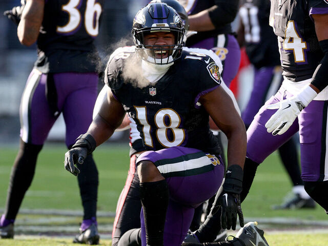 BALTIMORE, MARYLAND - DECEMBER 24: Roquan Smith #18 of the Baltimore Ravens celebrates after a play against the Atlanta Falcons during the first half of the game at M&T Bank Stadium on December 24, 2022 in Baltimore, Maryland.