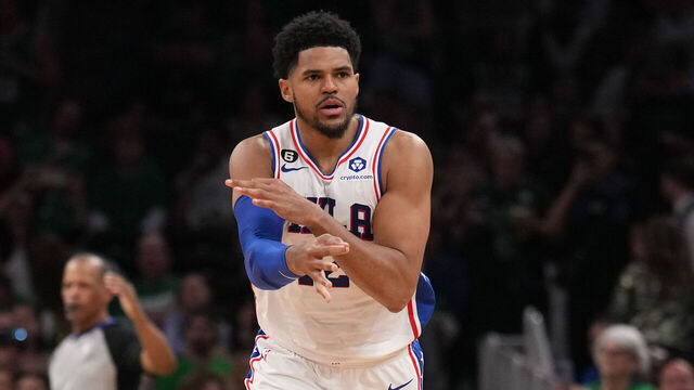 BOSTON, MA - MAY 14: Tobias Harris #12 of the Philadelphia 76ers celebrates a three point basket during Game Seven of the Eastern Conference Semi-Finals of the 2023 NBA Playoffs against the Boston Celtics on May 14, 2023 at the TD Garden in Boston, Massachusetts. Mandatory Copyright Notice: Copyright 2023 NBAE