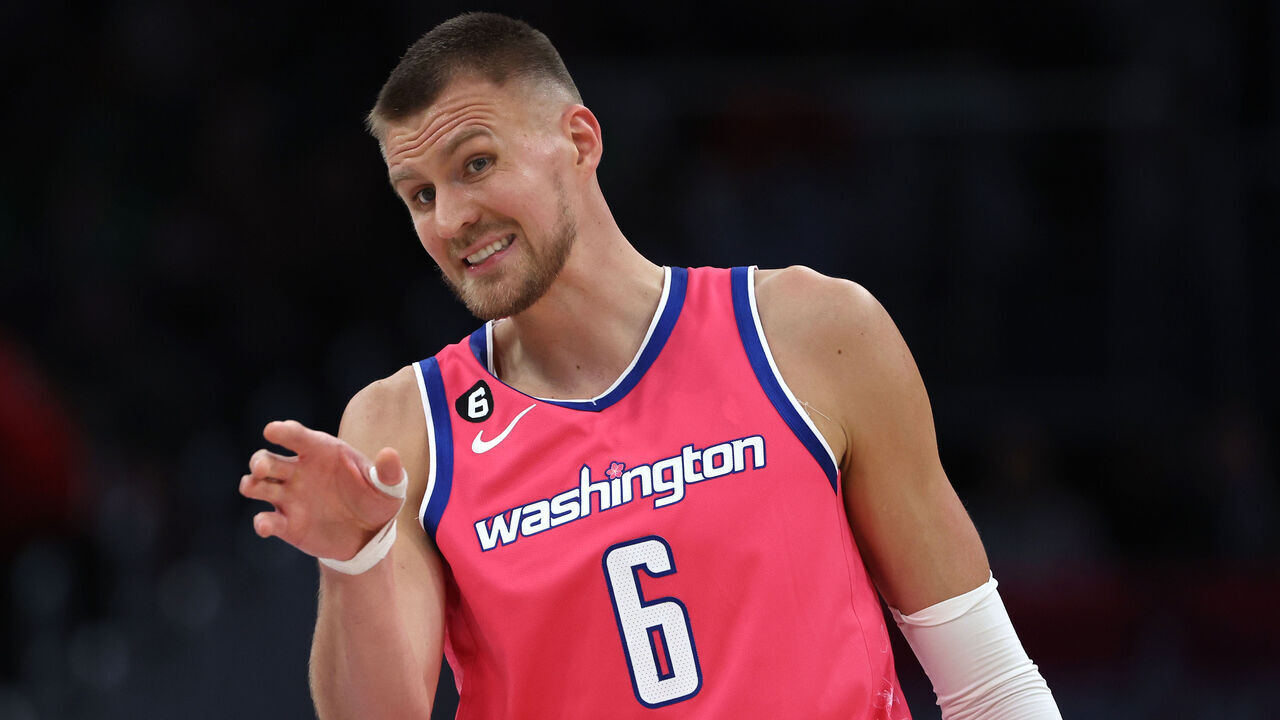 WASHINGTON, DC - MARCH 28: Kristaps Porzingis #6 of the Washington Wizards gestures against the Boston Celtics during the second half at Capital One Arena on March 28, 2023 in Washington, DC.