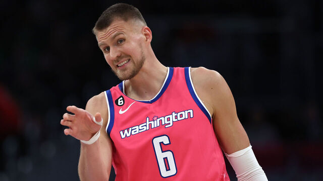 WASHINGTON, DC - MARCH 28: Kristaps Porzingis #6 of the Washington Wizards gestures against the Boston Celtics during the second half at Capital One Arena on March 28, 2023 in Washington, DC.