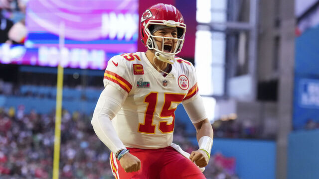 GLENDALE, AZ - FEBRUARY 12: Patrick Mahomes #15 of the Kansas City Chiefs yells against the Philadelphia Eagles after Super Bowl LVII at State Farm Stadium on February 12, 2023 in Glendale, Arizona. The Chiefs defeated the Eagles 38-35.