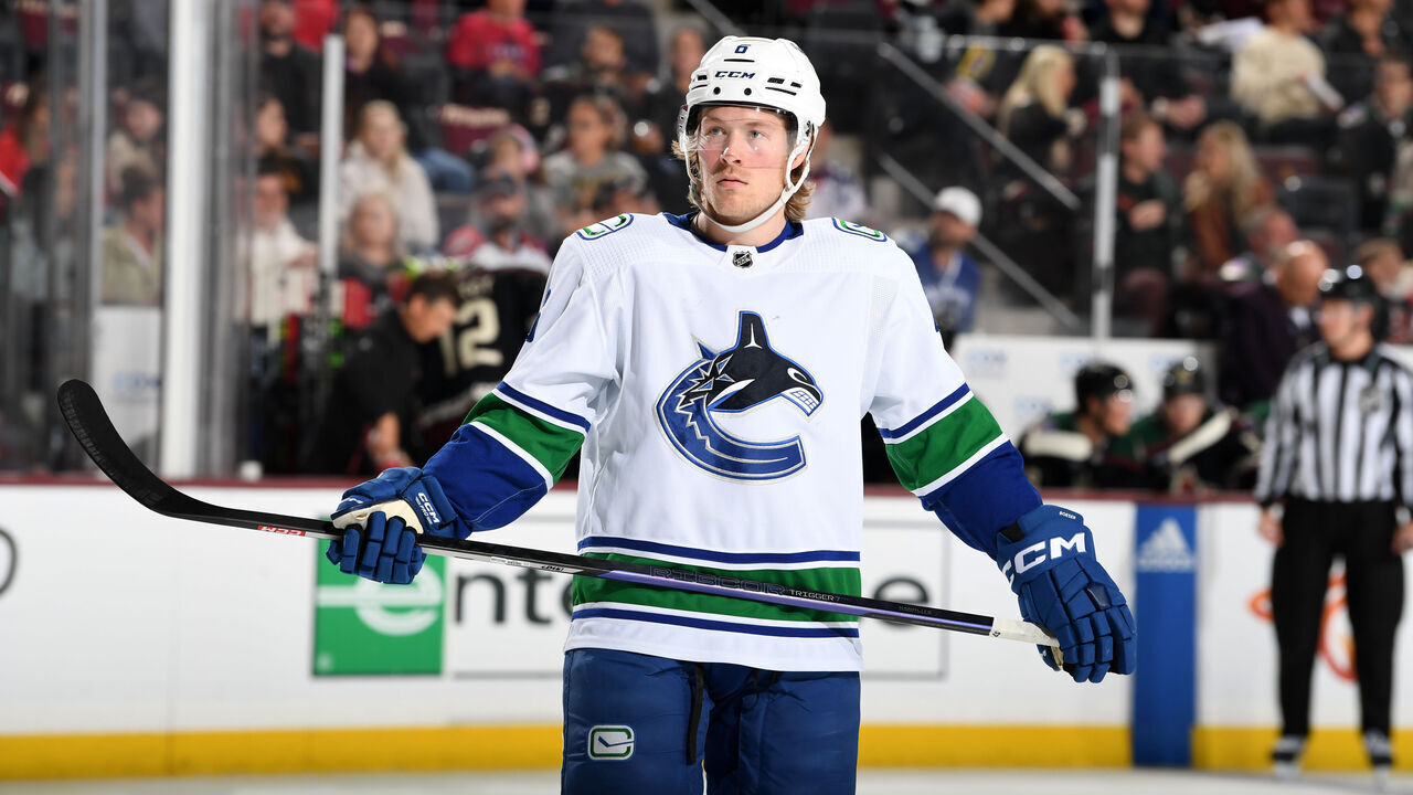 TEMPE, ARIZONA - APRIL 13: Brock Boeser #8 of the Vancouver Canucks skates up ice against the Arizona Coyotes at Mullett Arena on April 13, 2023 in Tempe, Arizona.