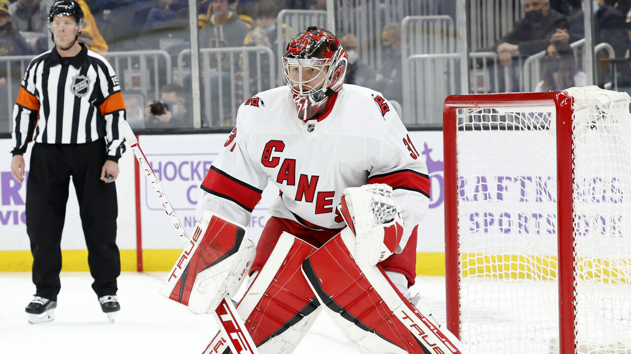 BOSTON, MA - FEBRUARY 10: Carolina Hurricanes goalie Frederik Andersen (31) watches a face off during a game between the Boston Bruins and the Carolina Hurricanes on February 10, 2022 at TD garden in Boston, Massachusetts.