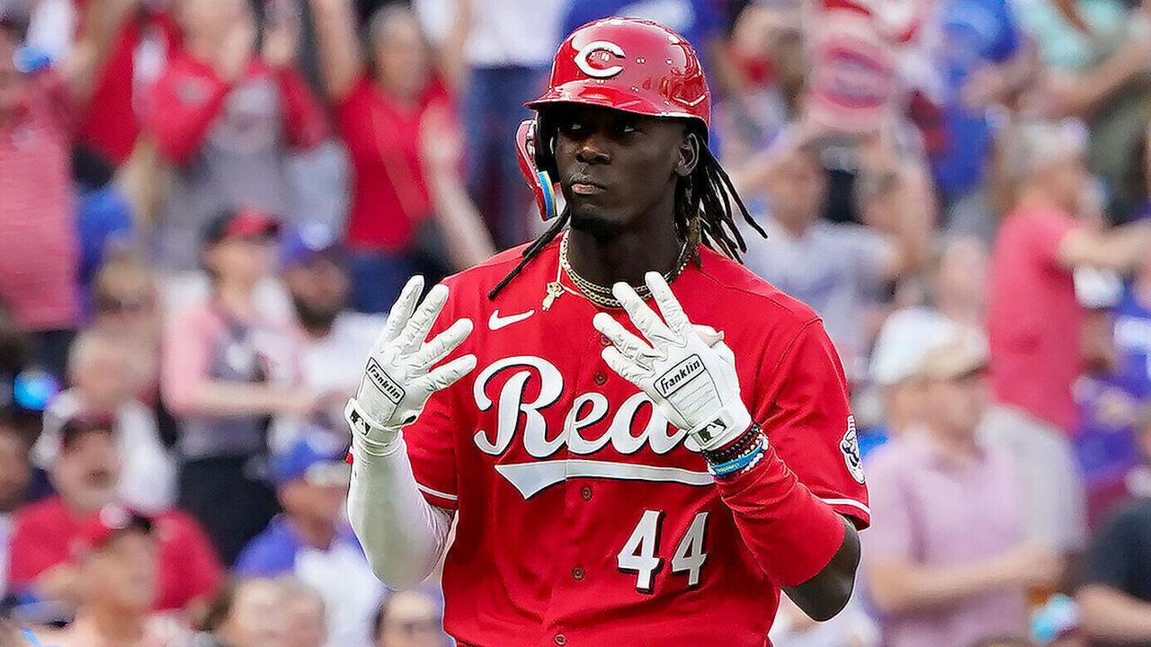CINCINNATI, OHIO - JUNE 07: Elly De La Cruz #44 of the Cincinnati Reds reacts after hitting a home run in the first inning against the Los Angeles Dodgers at Great American Ball Park on June 07, 2023 in Cincinnati, Ohio.