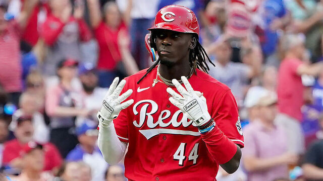 CINCINNATI, OHIO - JUNE 07: Elly De La Cruz #44 of the Cincinnati Reds reacts after hitting a home run in the first inning against the Los Angeles Dodgers at Great American Ball Park on June 07, 2023 in Cincinnati, Ohio.