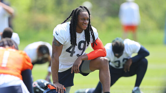 LAKE FOREST, ILLINOIS - MAY 23: Tremaine Edmunds #49 of the Chicago Bears stretches during OTAs at Halas Hall on May 23, 2023 in Lake Forest, Illinois.