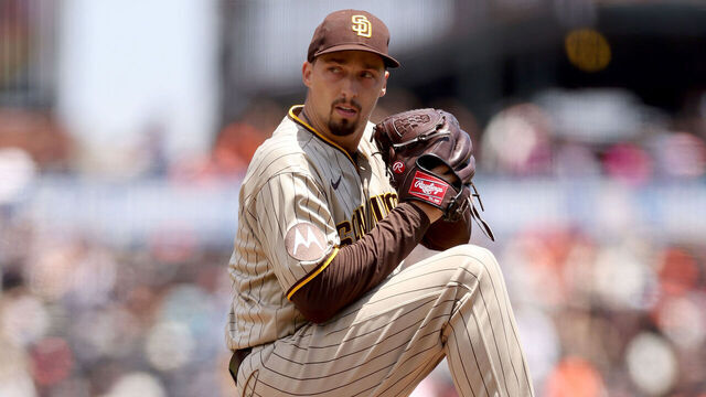 SAN FRANCISCO, CALIFORNIA - JUNE 22: Blake Snell #4 of the San Diego Padres pitches against the San Francisco Giants in the first inning on June 22, 2023 in San Francisco, California.