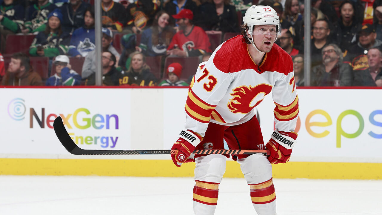 VANCOUVER, CANADA - MARCH 31: Tyler Toffoli #73 of the Calgary Flames lines up for a face-off during their NHL game against the Vancouver Canucks at Rogers Arena March 31, 2023 in Vancouver, British Columbia, Canada.